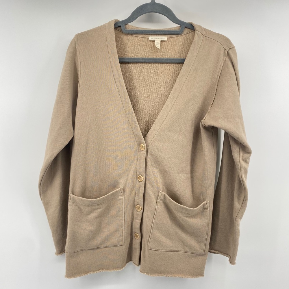 Eileen Fisher Cardigan Womens XXS Tan French Terry Button Front Raw Hem Sweater‎